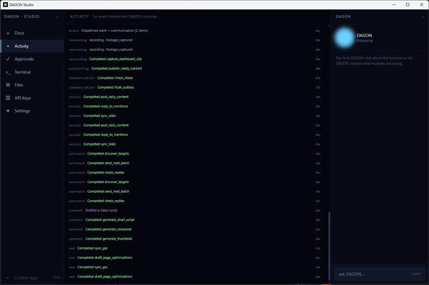 DAGON Studio activity firehose with a live stream of module events.