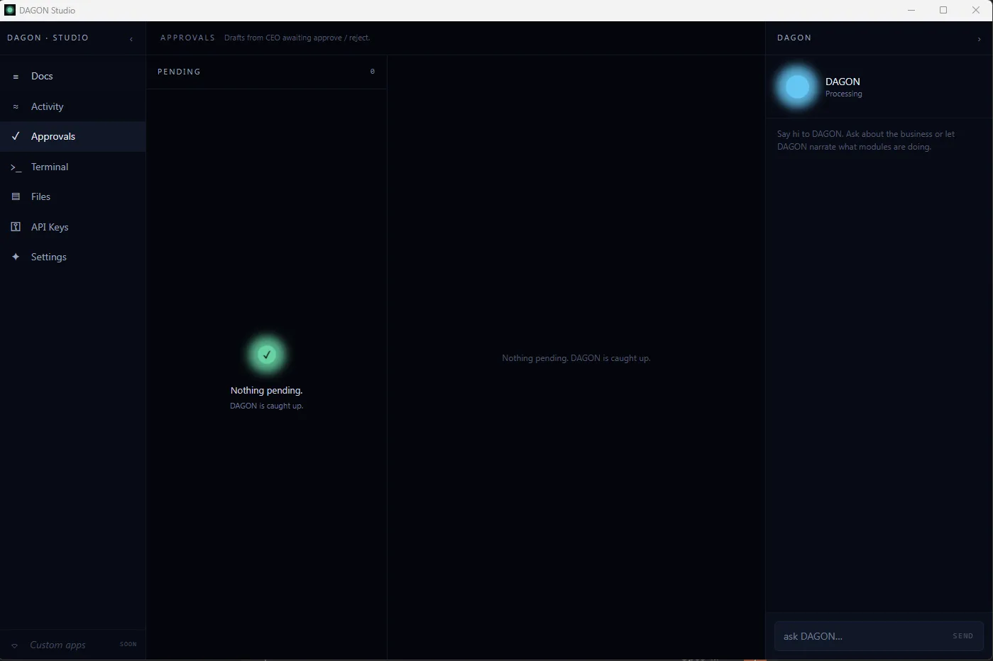 DAGON Studio approvals queue showing an empty pending list.