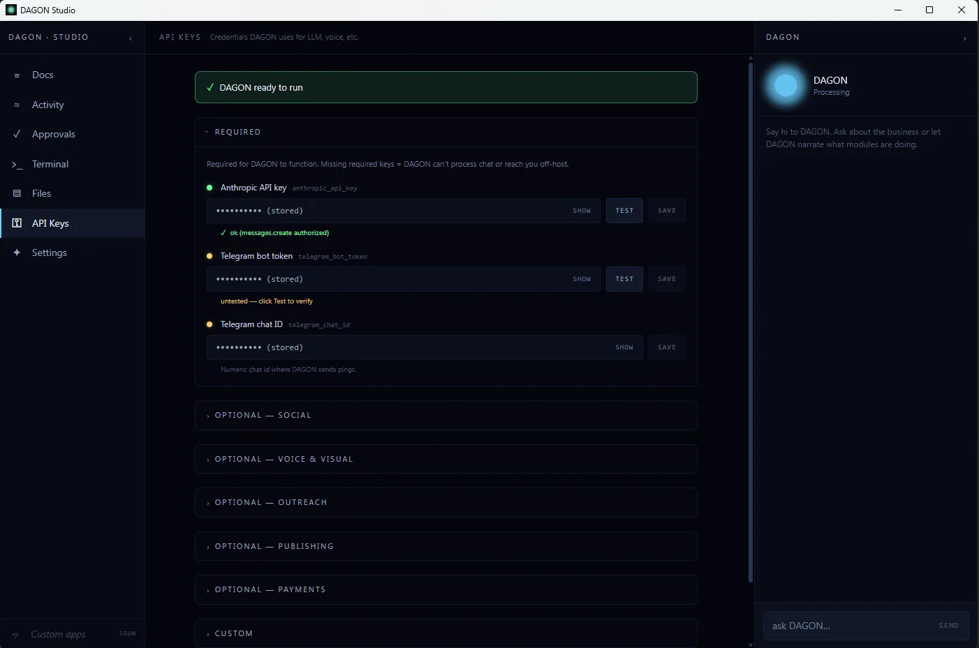 DAGON Studio API keys panel showing required and optional integrations.